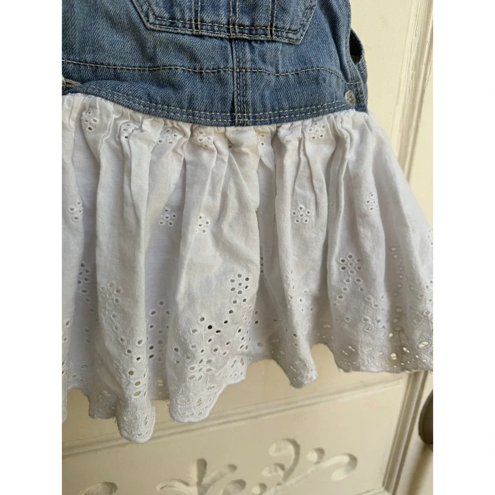 OshKosh B'gosh Baby Denim Eyelet Lace Overall Jumper Dress Blue White Size 18M